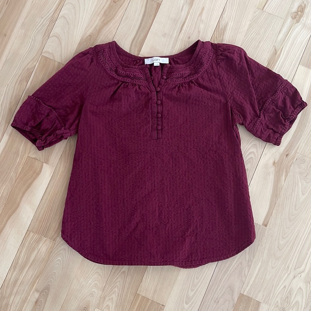 Loft puff sleeve burgundy cotton blouse top small